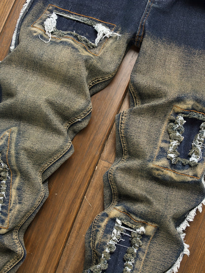 New Type Of Patch Holes Flow Fashion Fried Dyeing Elastic Men Casual Jeans