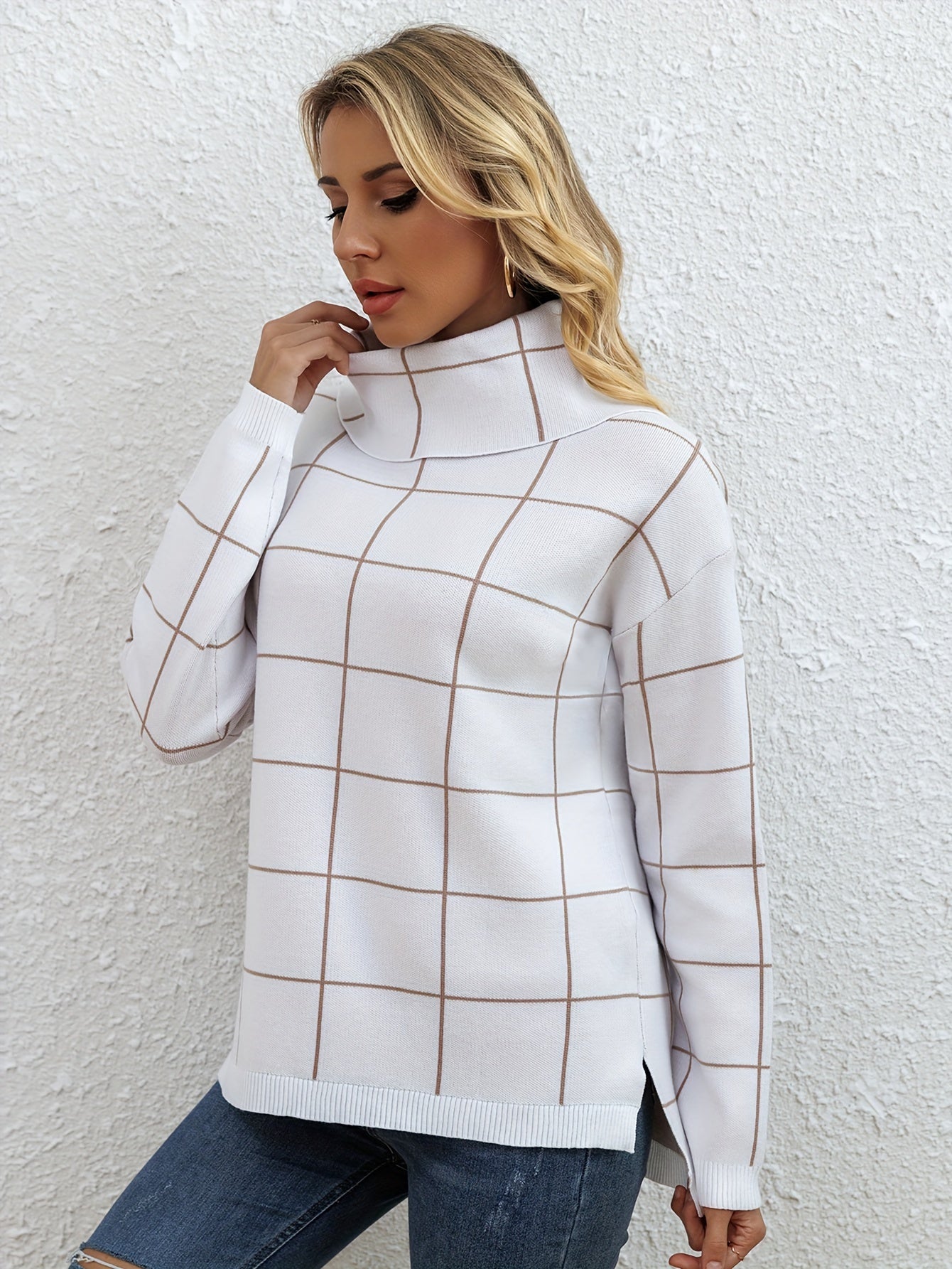 Women's grid jacquard high pile collar shoulder long sleeve loose comfortable fashion generous half long slit autumn and winter shirt