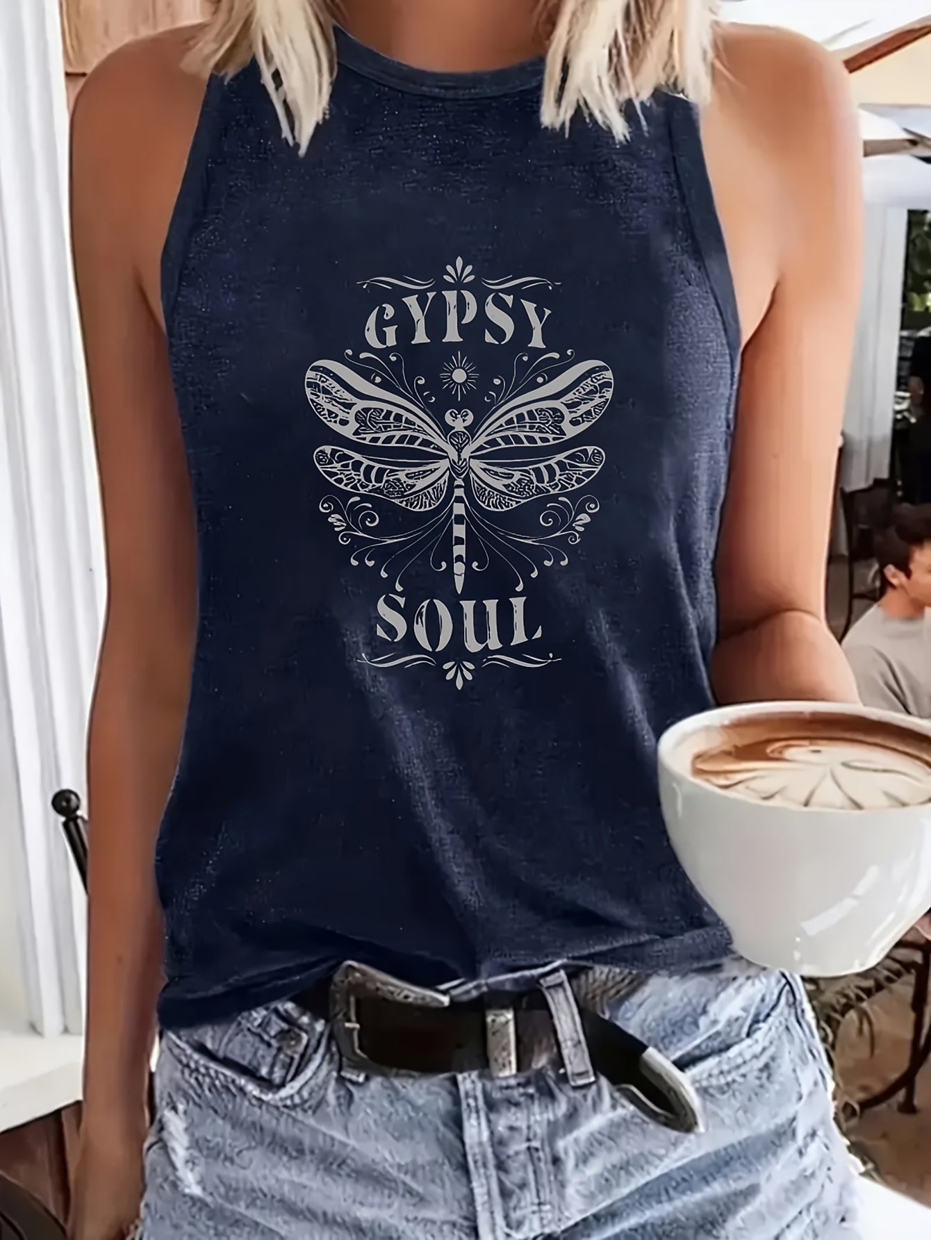 Women' Boho Sleeveless Round Neck Tank Top - Gypsy Soul Dragonfly Print Blouse Suitable for Everyday Casual Wear, Coffee Outfits, Bohemian Style, Machine Washable Non- Shirt for Layering or Use