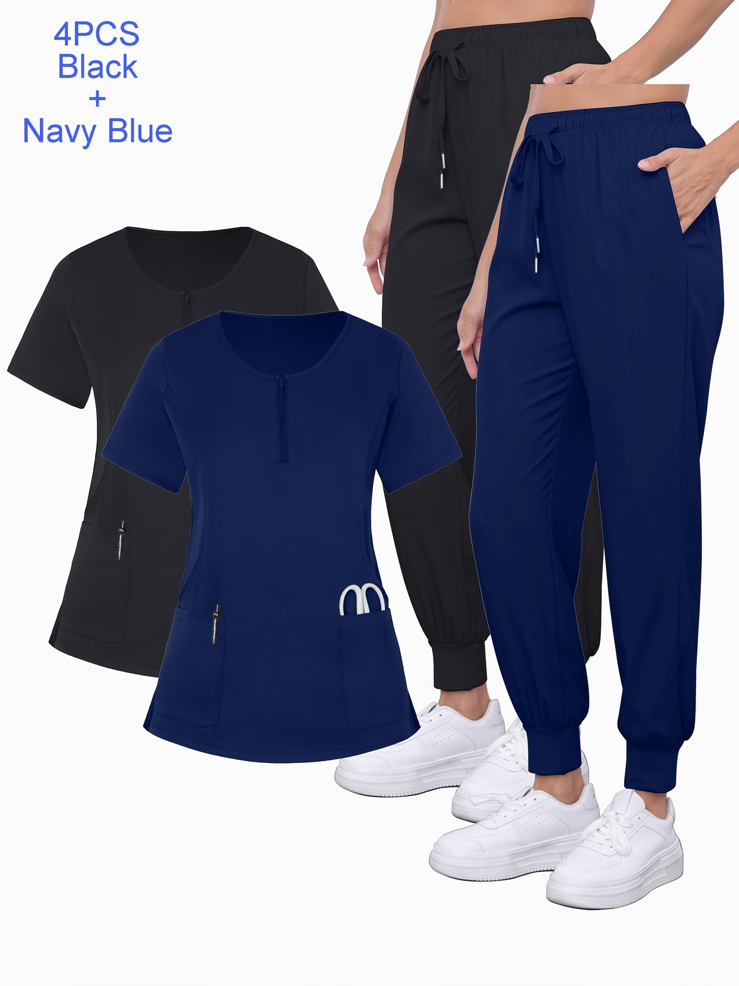 4pcs Set Of Multi-color Women's Round Neck Zipper Matte Breathable Sports Uniform Pocket Hand Washing Work Clothes Brush Hand Clothes Tying Feet Pants Set