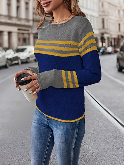 Women'S Color-Blocked Striped Round-Neck Long-Sleeve Top, Made from Comfortable And Warm Fabric, Perfect for Casual Elegance, Stylish Gatherings, And Festive Gifts for Autumn And Winter
