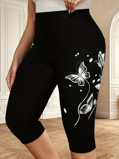 Women'S Elegant Butterfly Print Capri Leggings | Stretch Black Pink Floral Design, Spring and Summer Autumn Leisure Wear, Machine Washable, Opaque Fabric - INFASHULE