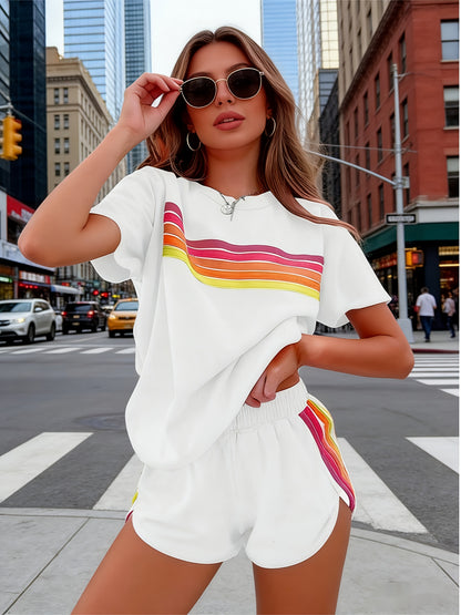 2pcs Set Elevate Your Style with Our Chic Color-Block Shorts Set in White, Blue, Pink, Or Light Brown
