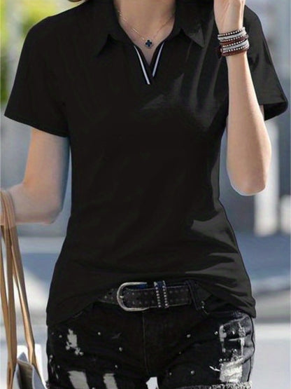 Women'S Casual V-Neck T-Shirt - Summer Short Sleeve Solid Color Top with Striped Collar & Waist Ribbon Detail, Machine Washable Regular Fit for Casual Attire, Comfortable Daily Tee, Stylish Ribon Detail, Smooth Fabric Tee
