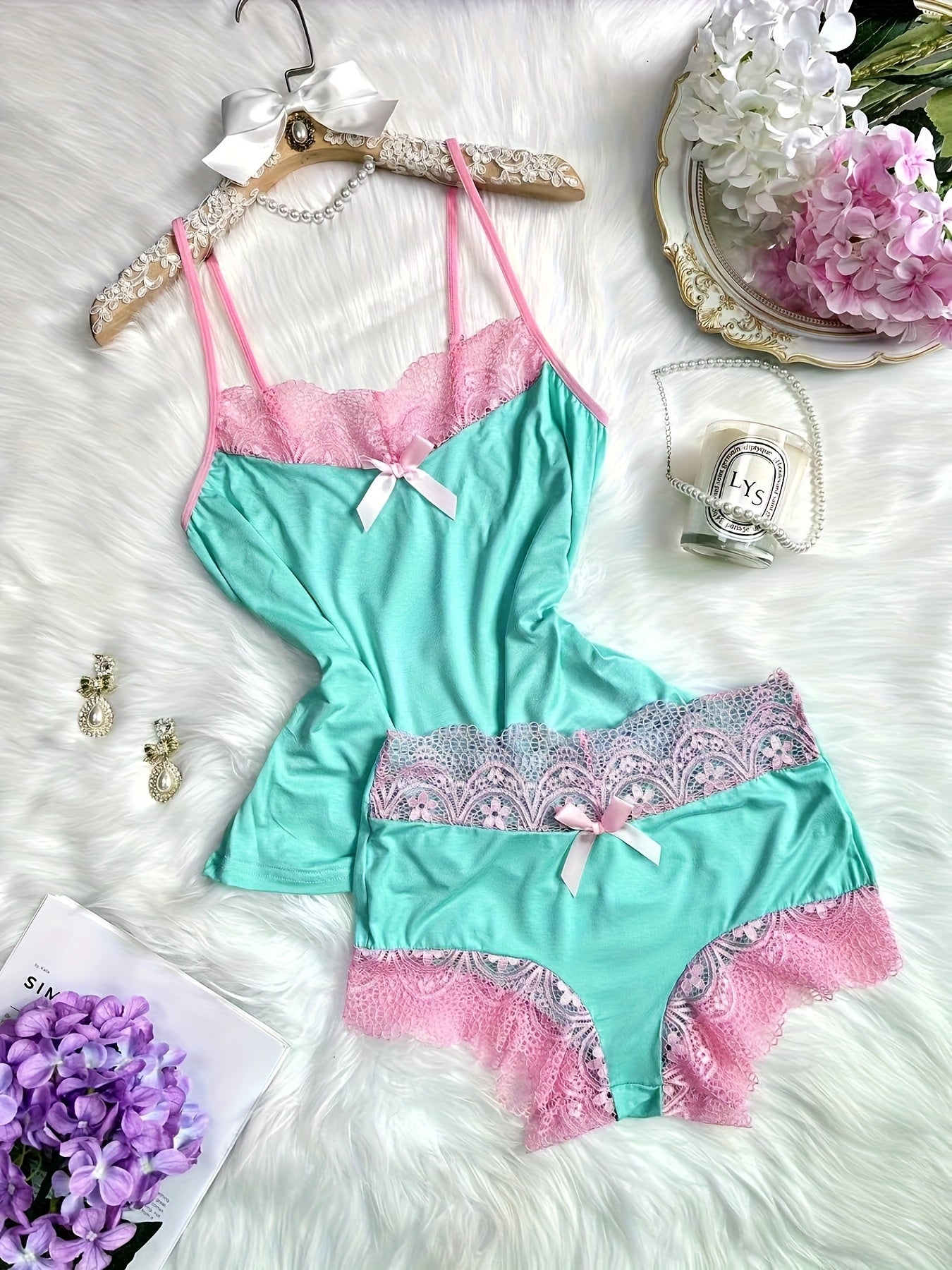 Contrast Color Lace Splicing V-Neck Bow Splicing Soft And Comfortable Skin-Friendly Casual Home Pajamas Set
