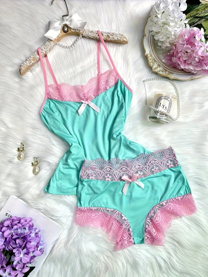 Contrast Color Lace Splicing V-Neck Bow Splicing Soft And Comfortable Skin-Friendly Casual Home Pajamas Set