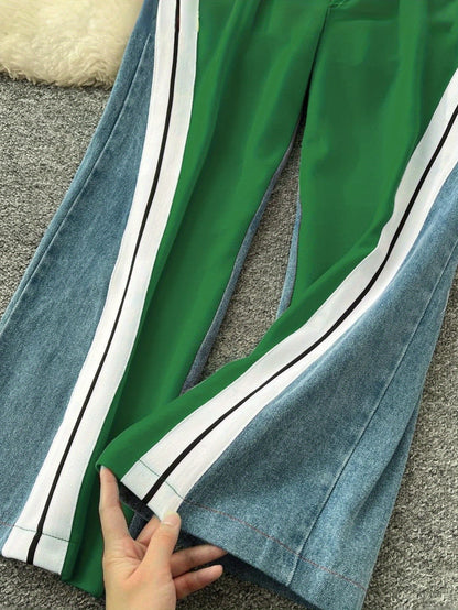 GlOURI Women's 2pcs Tracksuit - Color Block Design & Contrast Side Stripe & Wide-Leg Pants Detail | Casual Trendy Fit for Urban Daily Wear (Slim-Cropped Silhouette & Bold Contrast Stripe Design) for Effortlessly Stylish Looks