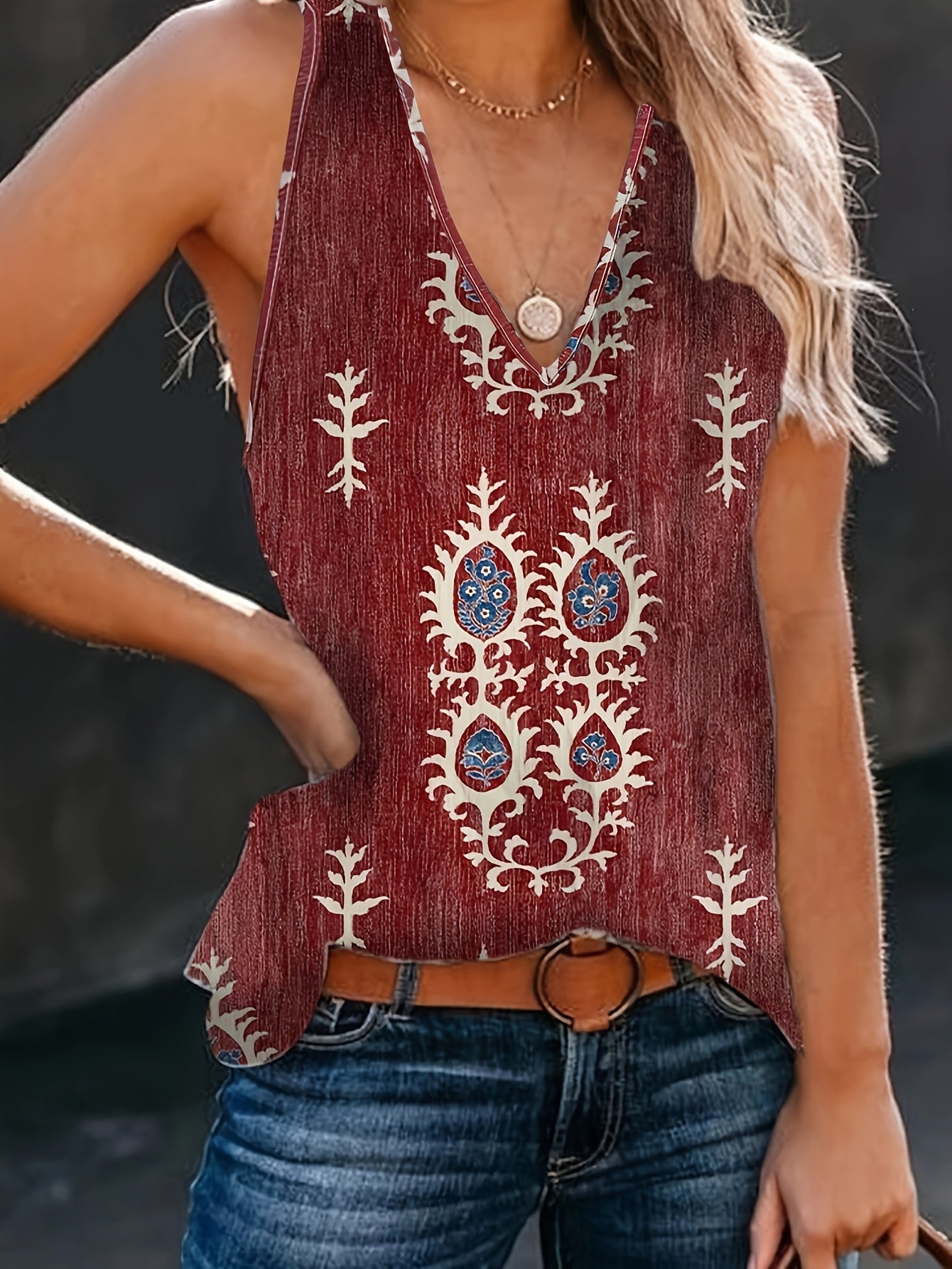 Maroon Women's Retro Bohemian Ethnic Print V-Neck Sleeveless Vest - Lightweight Summer Fashion Top with Nontransparent Fabric, Machine Washable for Casual Outfits, Outfit Enhancer