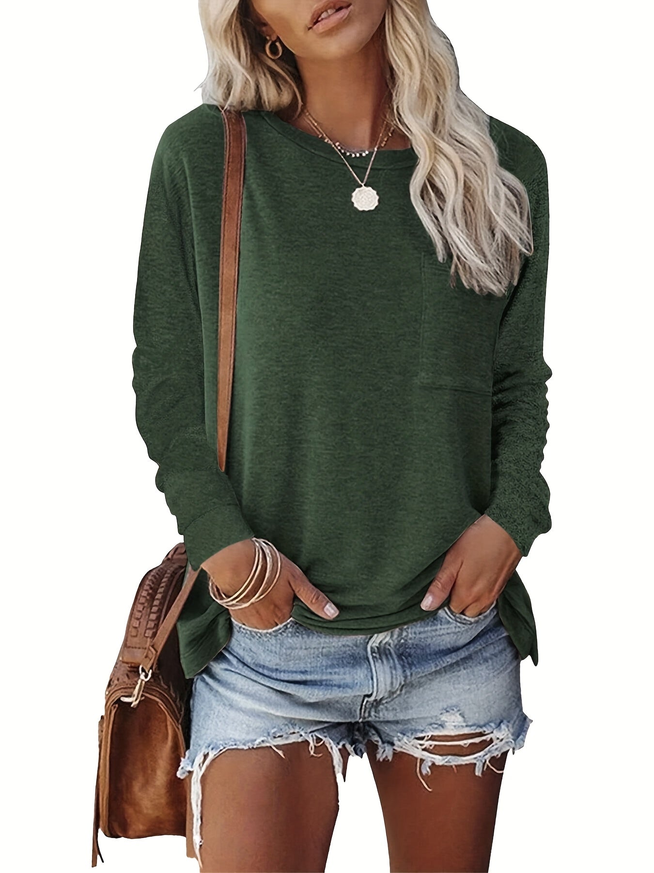 3pcs Women's Autumn/Winter Basic Warm Comfortable Split Plain Long Sleeve Chest Pocket T-Shirt Casual Comfortable Top Fashion T-Shirt