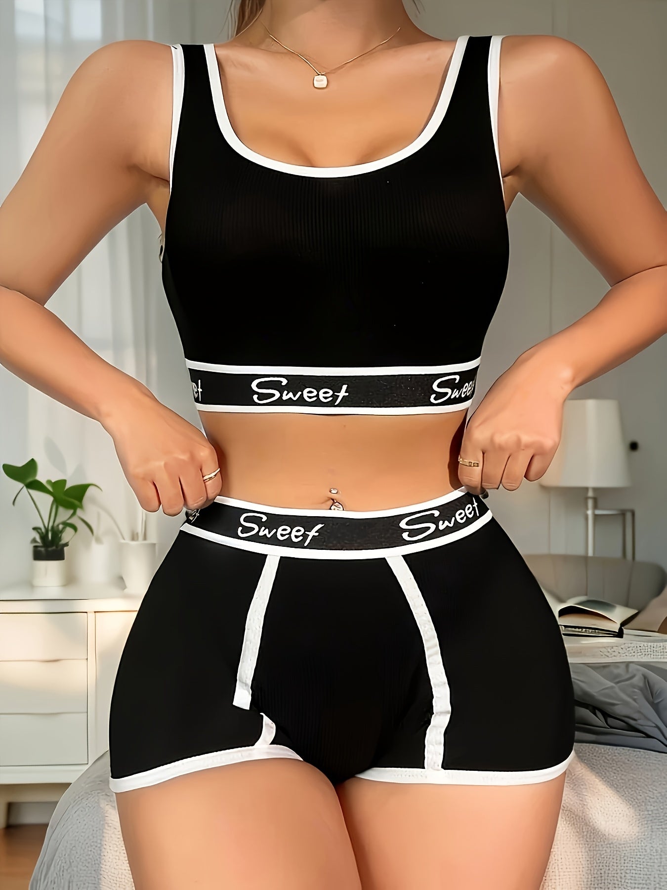 1 Set of Underwear Set with Women'S Letter Print, Dopamine Vest Bra, American Sports Underwear, Breathable Solid Sports Bra And Underwear, Push Up Bra And Underwear Underwear Set