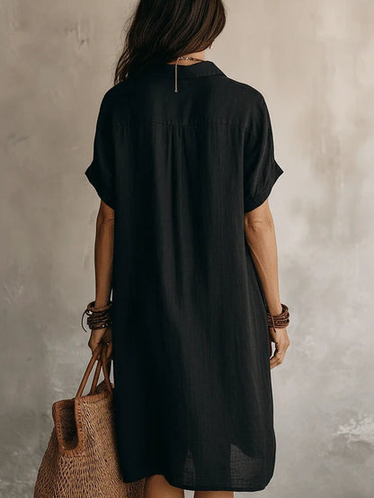 Shirt Dress, Fashionable and Casual, Solid Color, Short Sleeve, Buttoned, Mid-length Dress