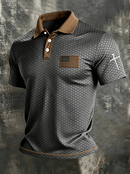 American Flag Gradient Cross Print Polo Shirt for Men's Casual Lapel Short Sleeved Patriotic Themed Commuting Top, American Flag Armband Contrasting Striped Short Sleeved Casual Business Lapel Top