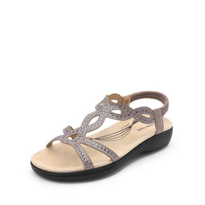 Women's Comfort Dressy Rhinestone Summer Beach Sandals Slip-on Flat Walking Orthopedic Sandals with Elastic Back Strap Soft & Cushioned Day-to-night wear Sandals