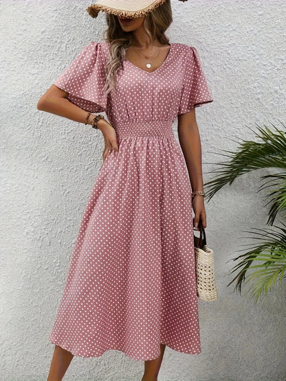 Women'S Long Dress in Pink with Polka Dots - Casual V-Neck, Ruffled Sleeves, Waist-Enhancing Style, Made of Lightweight, Ideal for Spring/Summer, Machine Washable