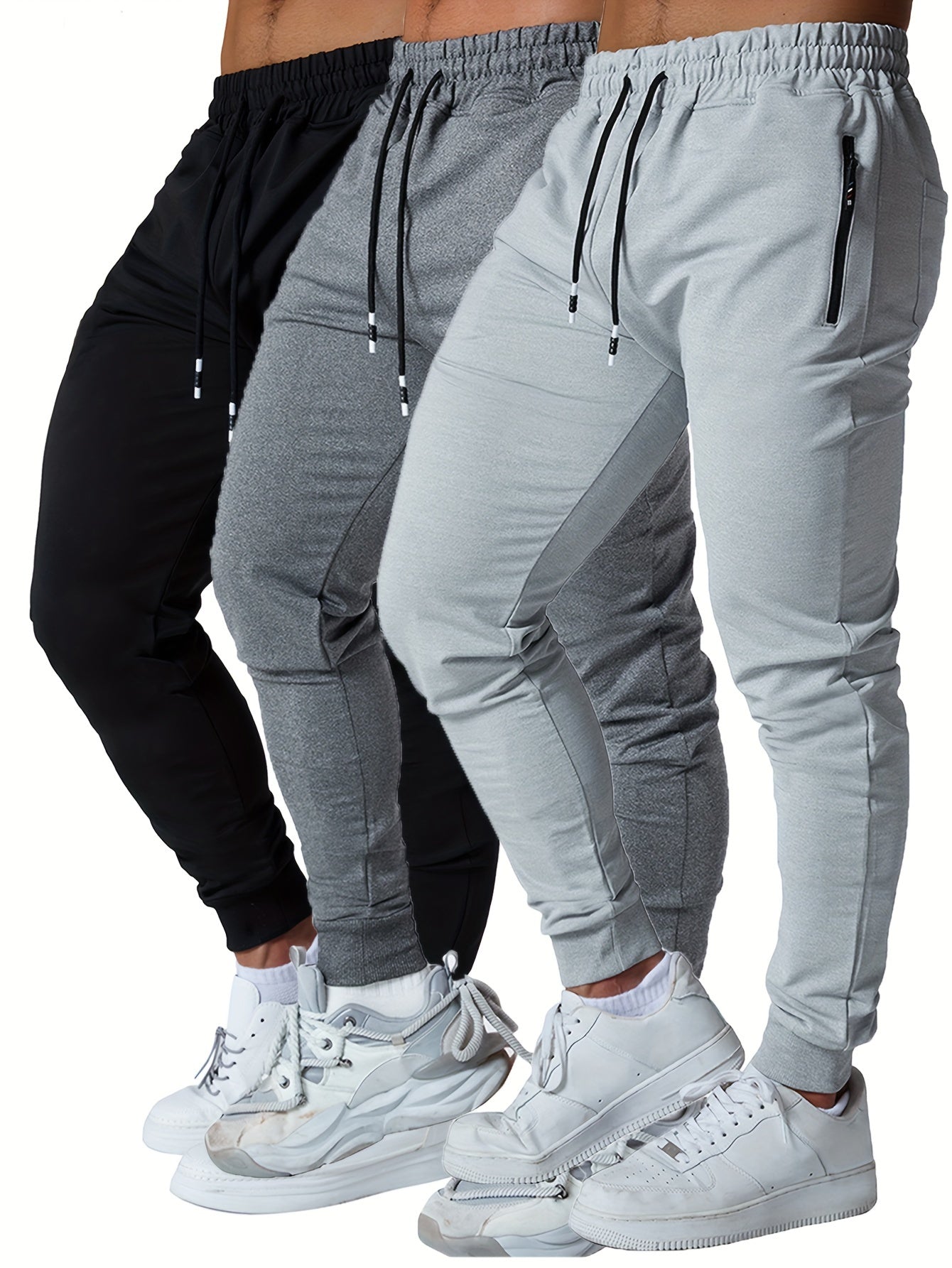 3PCS Men's Sweatpants with Zipper Pockets Tapered Joggers for Men - Athletic Pants for Workout, Jogging, Running - Breathable & Comfortable Fabric - Suitable for Men - Perfect for Fitness Enthusiasts