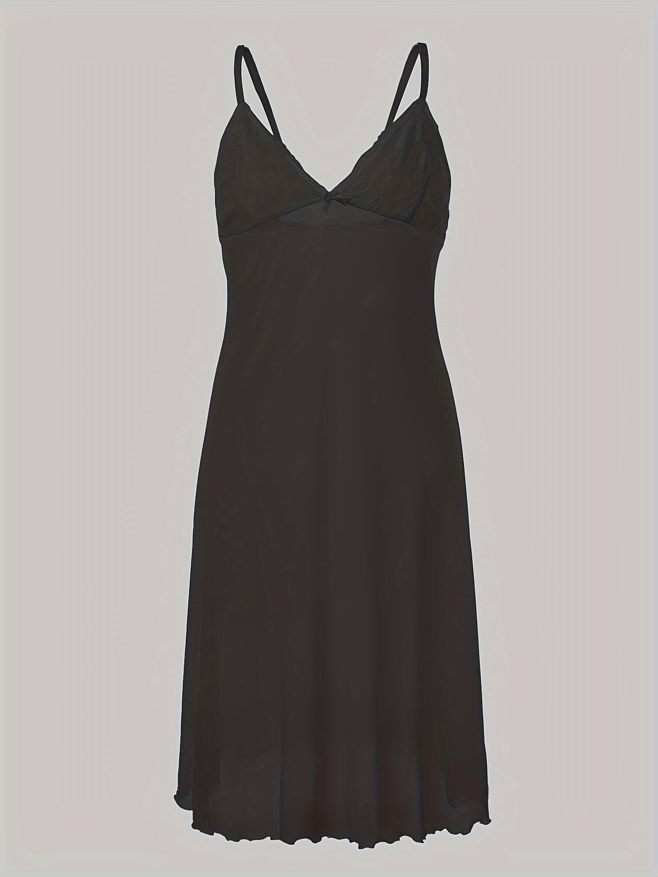 Women'S Sexy Black Spaghetti Suspender Dress - Semi-Sheer Mesh with Lace Trim & Bow Accents, Soft Stretchy Comfort Fit, Bohemian Evening Party Dress for Women, Semiformal Attire