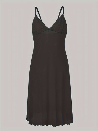 Women'S Sexy Black Spaghetti Suspender Dress - Semi-Sheer Mesh with Lace Trim & Bow Accents, Soft Stretchy Comfort Fit, Bohemian Evening Party Dress for Women, Semiformal Attire