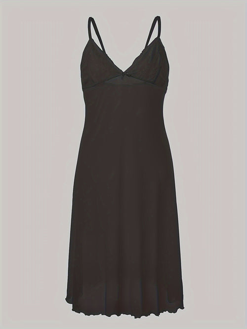 Women'S Sexy Black Spaghetti Suspender Dress - Semi-Sheer Mesh with Lace Trim & Bow Accents, Soft Stretchy Comfort Fit, Bohemian Evening Party Dress for Women, Semiformal Attire