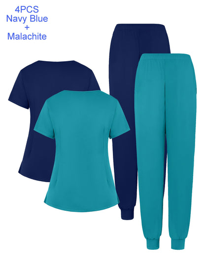 4pcs Set Of Multi-color Women's Round Neck Zipper Matte Breathable Sports Uniform Pocket Hand Washing Work Clothes Brush Hand Clothes Tying Feet Pants Set