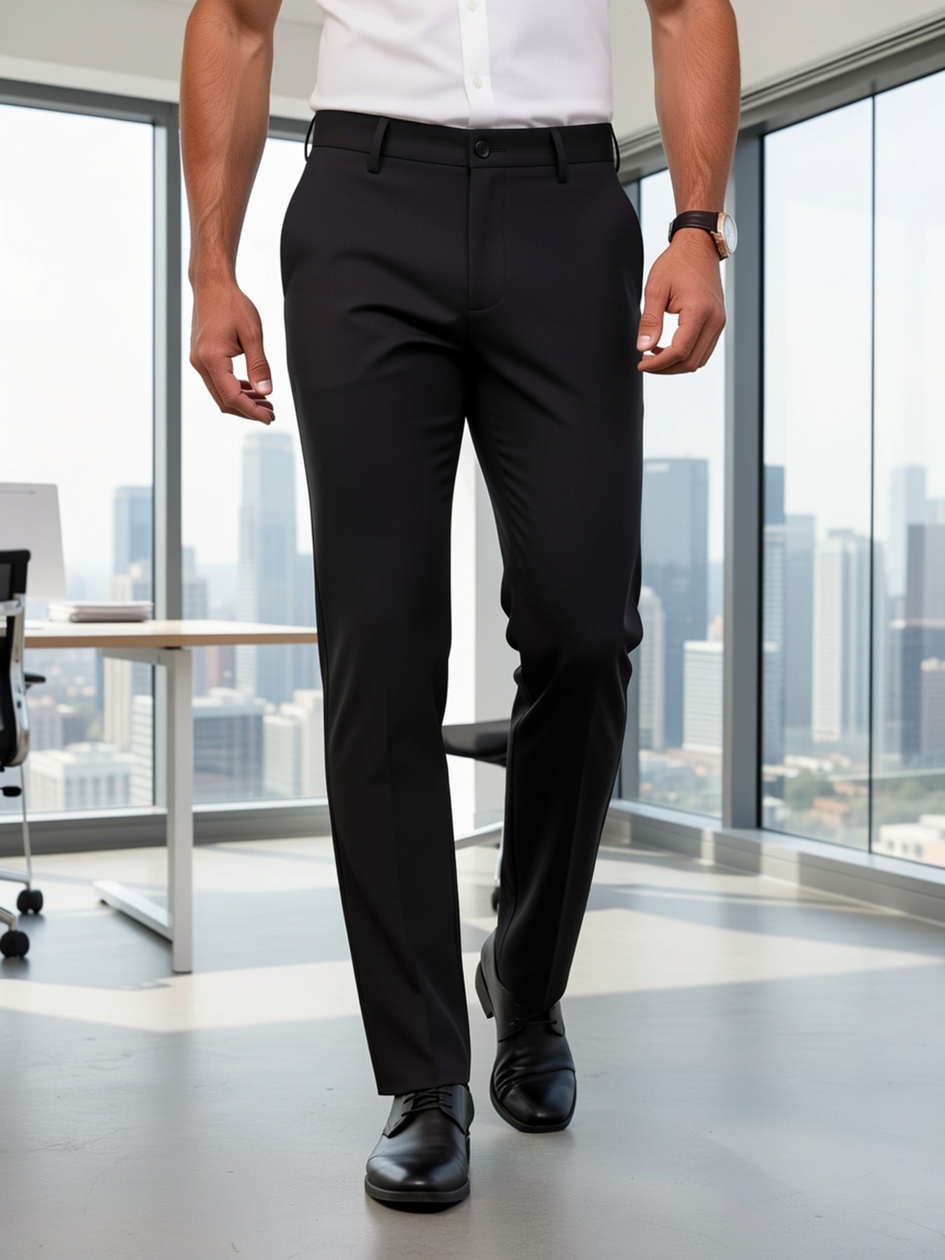 Men's High-elasticity Anti-wrinkle Straight-leg Dress Pants, High-waisted Business Casual Long Pants, Button And Zipper Design, Machine-washable All-season Classic Solid Color Suit Pants, Professional Clothing, Wear-resistant Fabric, Formal Wear