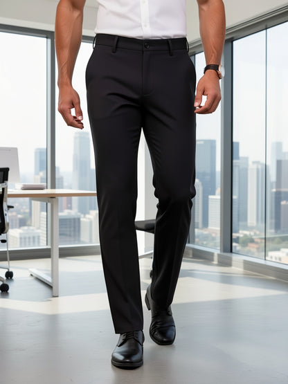 Men's High-elasticity Anti-wrinkle Straight-leg Dress Pants, High-waisted Business Casual Long Pants, Button And Zipper Design, Machine-washable All-season Classic Solid Color Suit Pants, Professional Clothing, Wear-resistant Fabric, Formal Wear