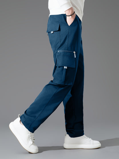3pcs Men'S Casual Solid Color Cargo Pants, Polyester Non-Stretch Woven Fabric, Multiple Pockets, Regular Fit, Spring/Fall Season, Hiking & Outdoor Scene, Weekend Casual Occasion, Thick