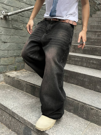 Men'S Casual Loose Fit Jeans, 90% 5% Polyester 5% Bamboo Rayon Rayon Blend, Solid Color Washed Denim, All-Season Non-Stretch Woven Fabric, Regular Length, Allseason Pants | Stylish Casualwear | Nonstretch Denim
