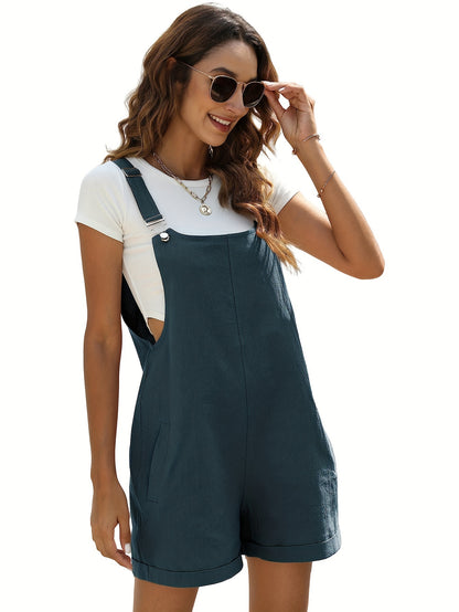 Women'S Linen Stylish Short Overalls Casual Summer Bib Shortalls With Pockets