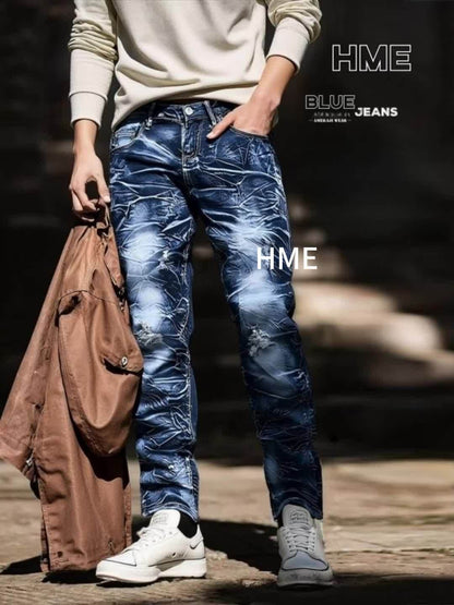 [HME] New Men's Slim-fit Straight Jeans for All Four Seasons, A Major Release for Spring And Autumn 2025, Featuring Floral And Lightning-washed Durability. Slim-fit Casual Pants, Versatile Korean Style Trendy Long Pants for Men's Outdoor Wear