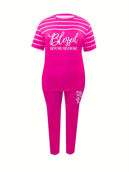 Plus Size, Ladies Plus Size 2pcs Suit, Letter Printing with Blessing, Pinstripe Coat, Trousers with Pockets, Ladies' Daily Casual Fashion Suit.