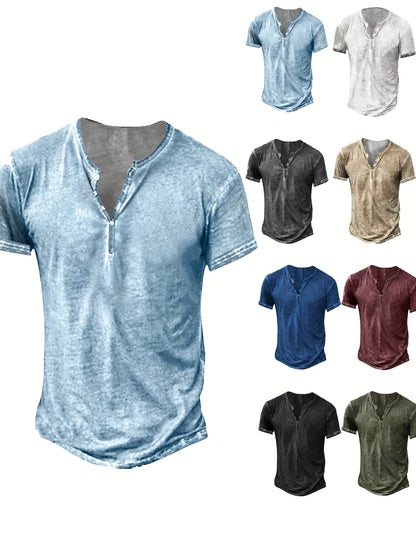 Mens Distressed Henley Shirts Short Sleeve Button T-Shirt Slim Fit Cotton Casual Shirt