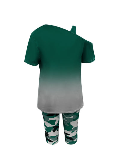 Plus Size - Ladies Fashion Daily Casual Suit, Diagonal Shoulder Camisole Gradient Letter Print Top + Camouflage Capri Pants Design.