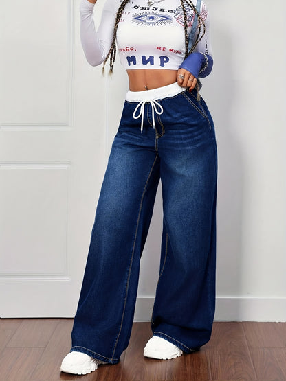 Women's Plus Size Blue Denim Pants - Whisker Details, Panel, Elastic Waist with Drawstring, Wide-Leg | High-Waisted, Slim-Fitting & Figure-Flattering | Retro Street & Casual Sporty Style | Versatile for All Seasons