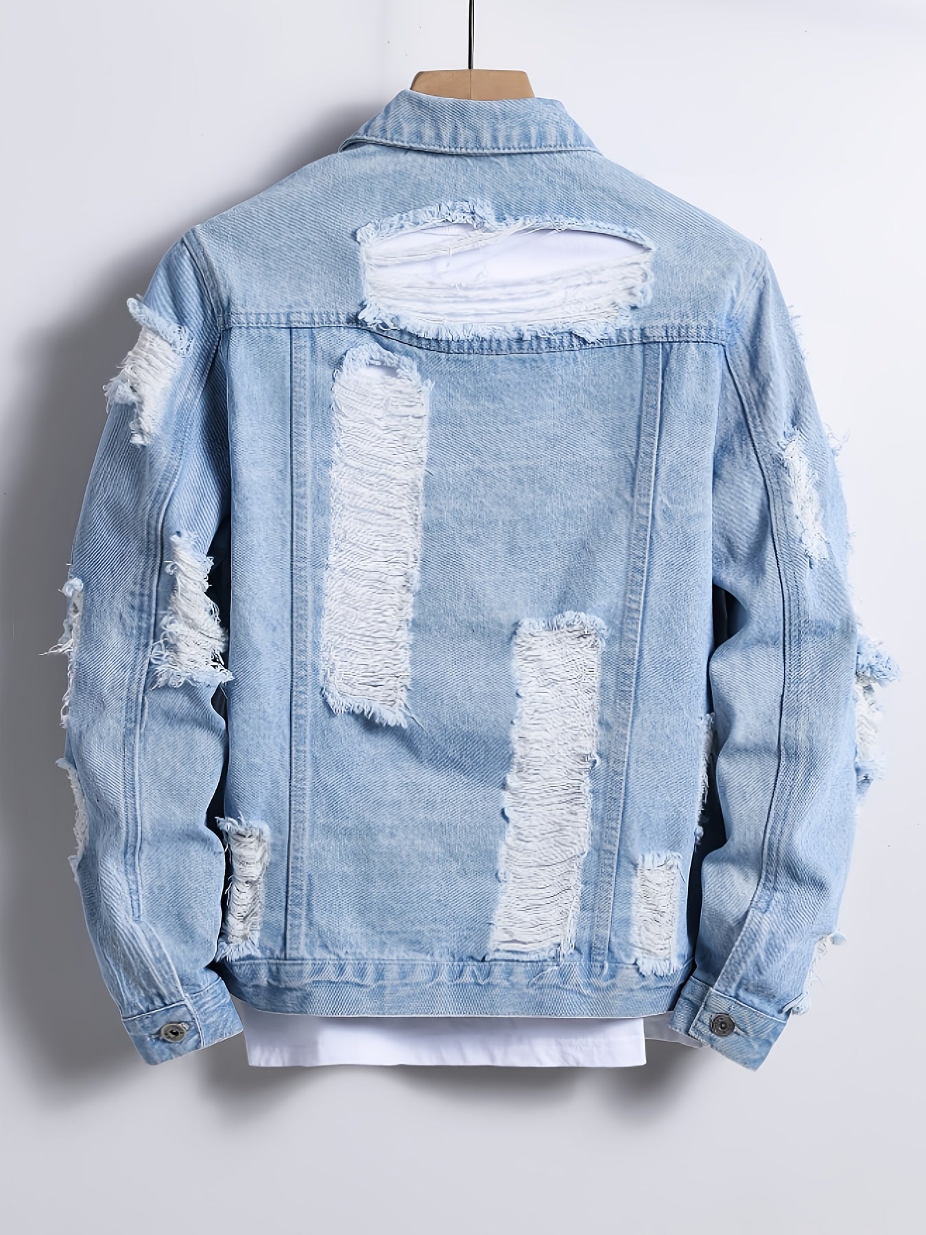 Minimalist Casual Men'S Denim Jacket, Heavy-duty Washed Irregular Perforated Style, Loose Fit For More Comfortable Wearing, Lapel Design, Single-row Button Closure With Open Front, Fashionable And Trendy Men'S Denim Jacket