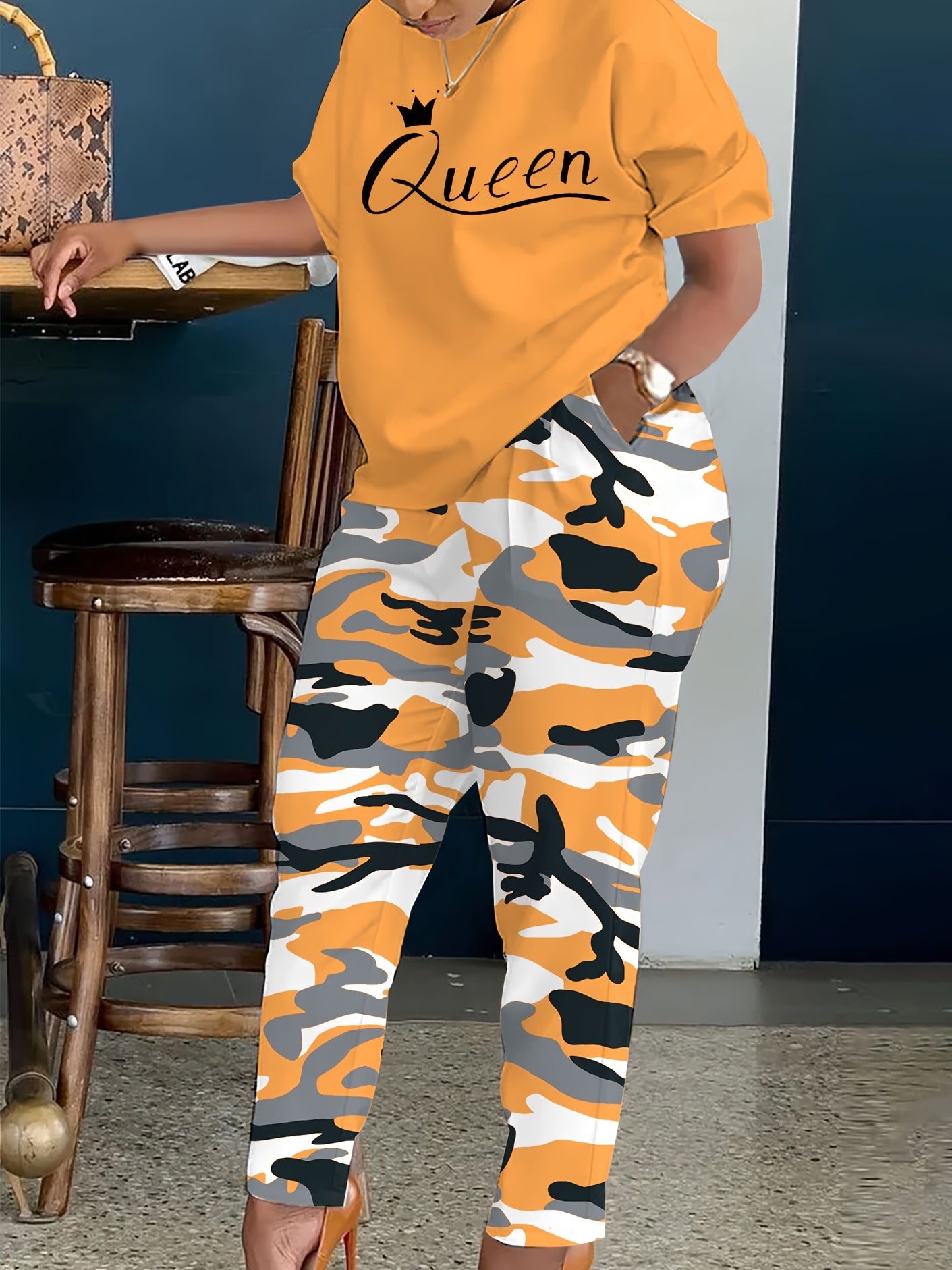 Plus Size - LADIES' Plus Size Daily Fashion Casual Set: Letter Print Crew Neck Short Sleeve T-shirt + Camouflage Long Pants With Pockets