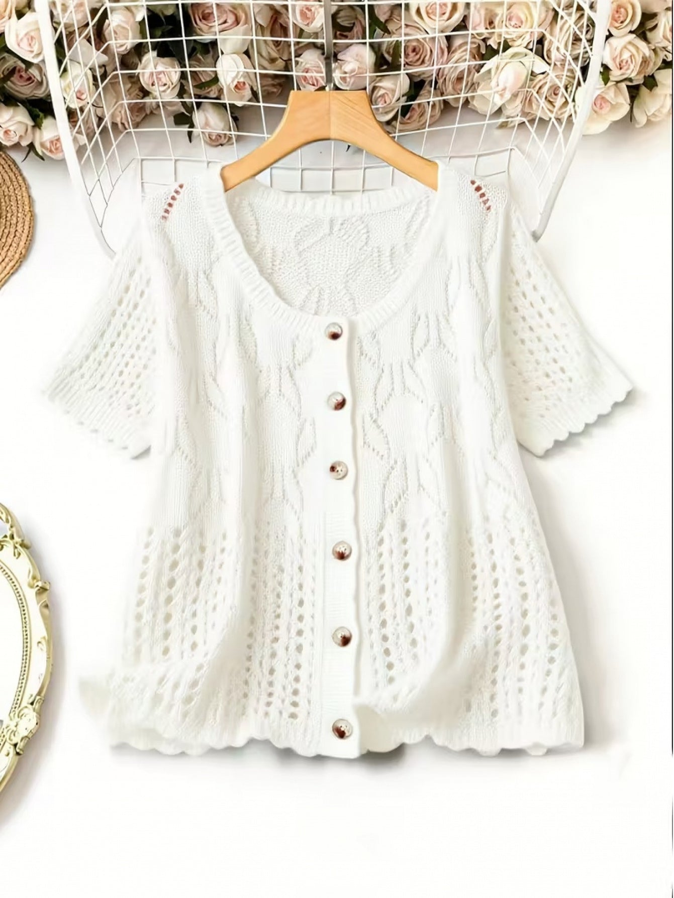 Plus Size - Large Size Women'S Casual Cardigan Light And Thin Short Sleeved Pearl Button, Semi Transparent, Round Neck All Season Versatile Layered Top