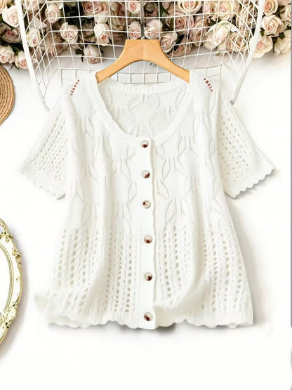 Plus Size - Large Size Women'S Casual Cardigan Light And Thin Short Sleeved Pearl Button, Semi Transparent, Round Neck All Season Versatile Layered Top