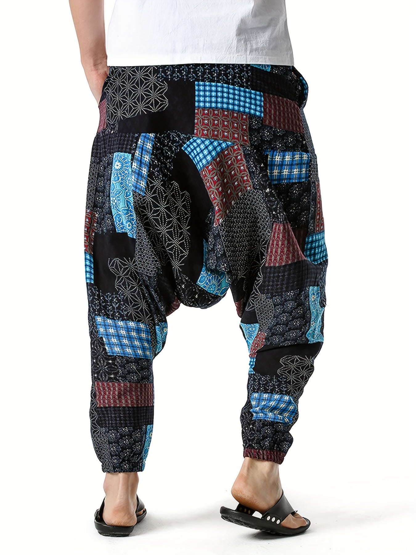 Men'S Stylish 100% Loose Colorful Fans Pattern Pants with Pockets, Casual Breathable Comfy Trousers for City Walk Street Hanging Outdoor Activities