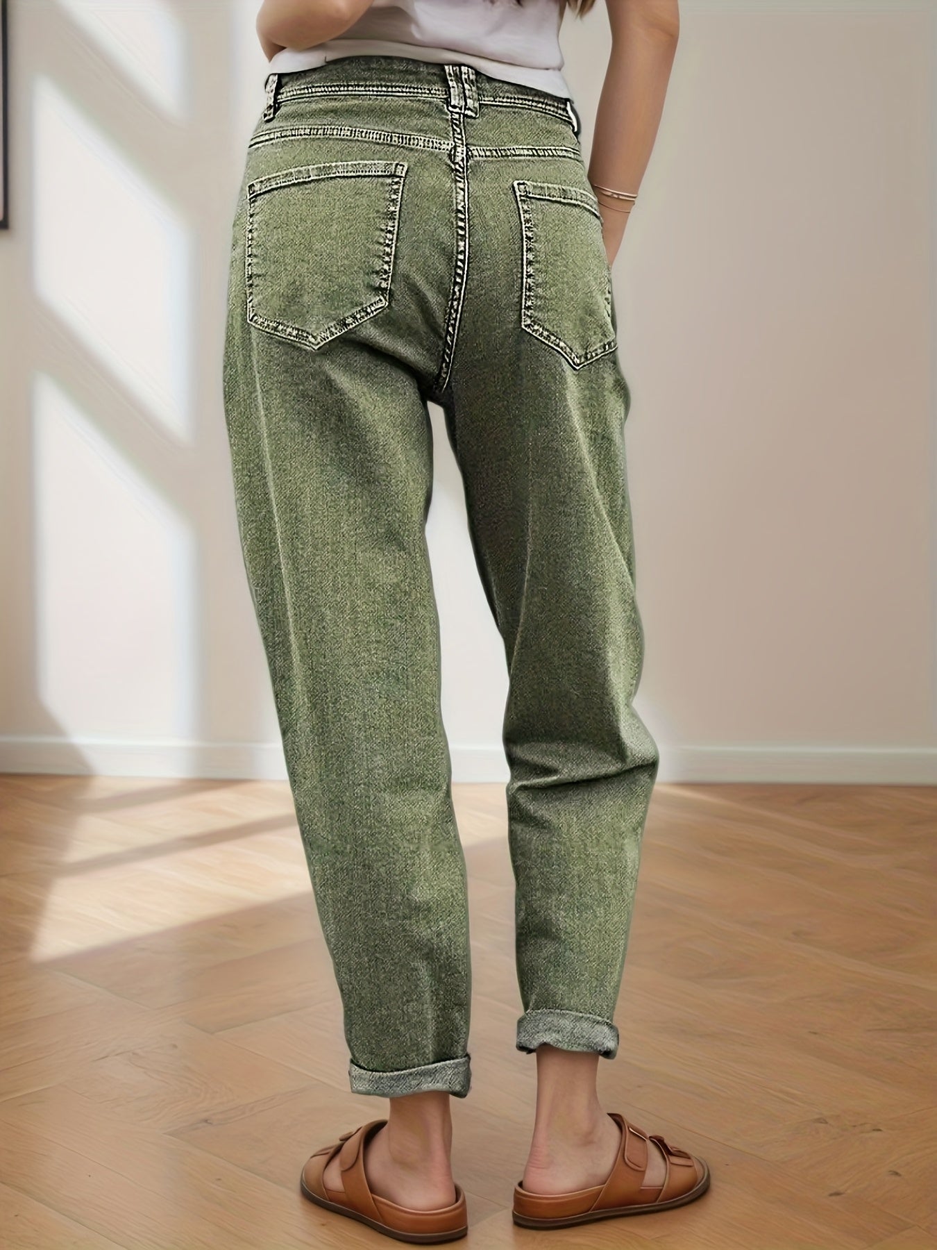 Women'S Stretch Mid-Rise Straight Jeans - Olive Green Button-Fly Belt Loops Slash Pockets Four Seasons Jeans for Casual & Semi-Formal Occasions Women'S Baggy Pants Women'S Jeans Street Fashion Women'S Pants Machine Washable