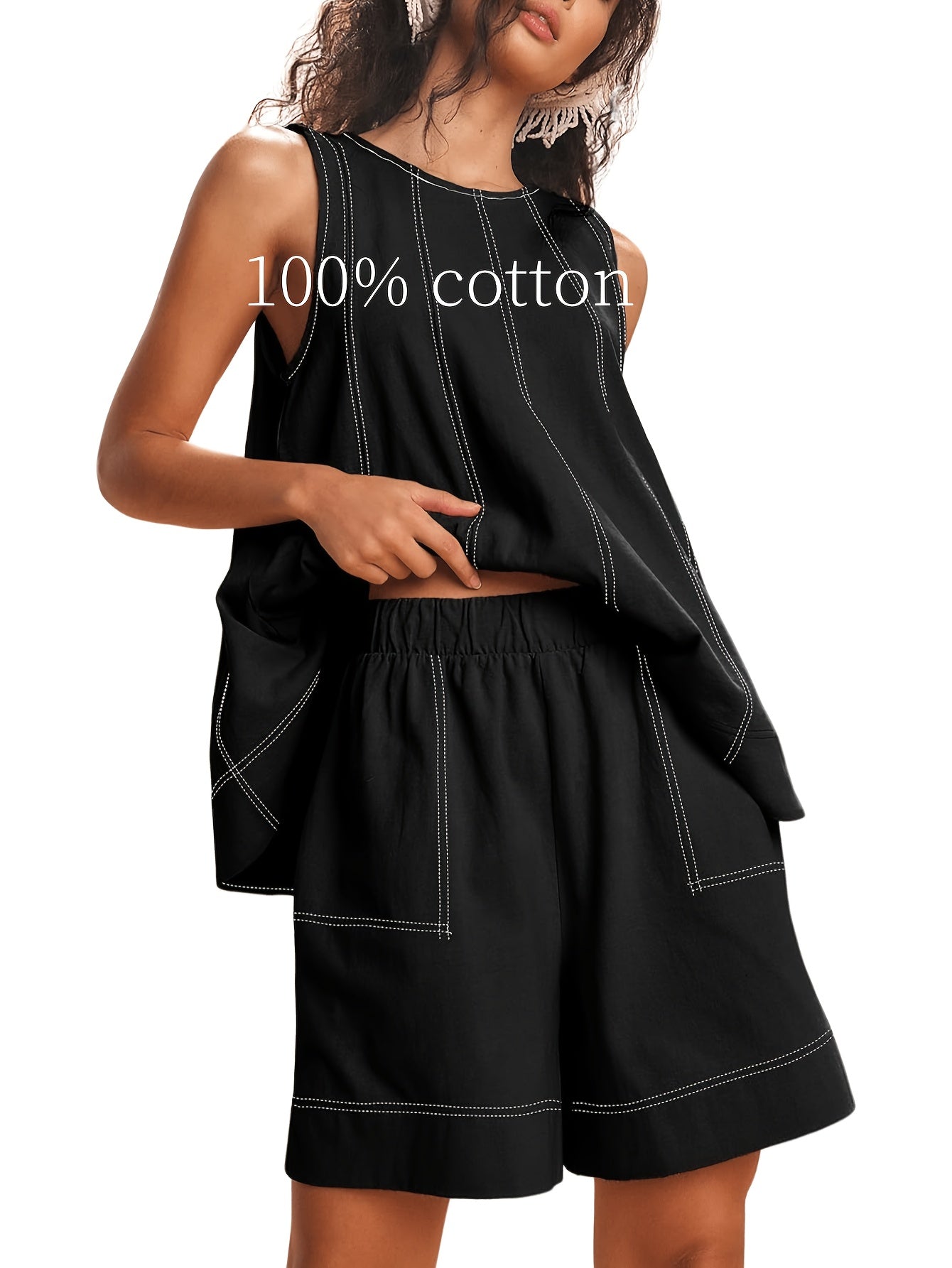 Womens 2pcs Outfits Sleeveless Matching Sets A Line Tank Tops Contrast Stitching High Waist Shorts with Pockets