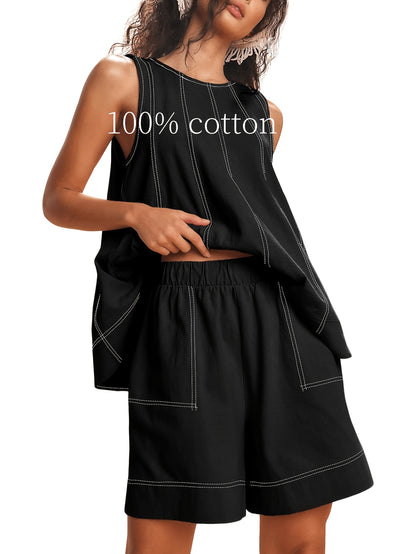 Womens 2pcs Outfits Sleeveless Matching Sets A Line Tank Tops Contrast Stitching High Waist Shorts with Pockets