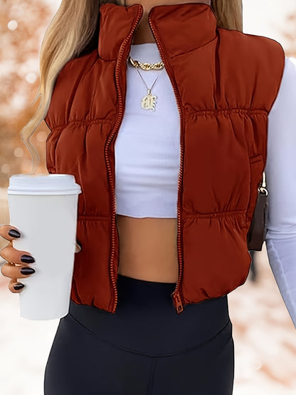 Womens Cropped Vest Zip Up Stand Collar Sleeveless Padded Cropped Vest