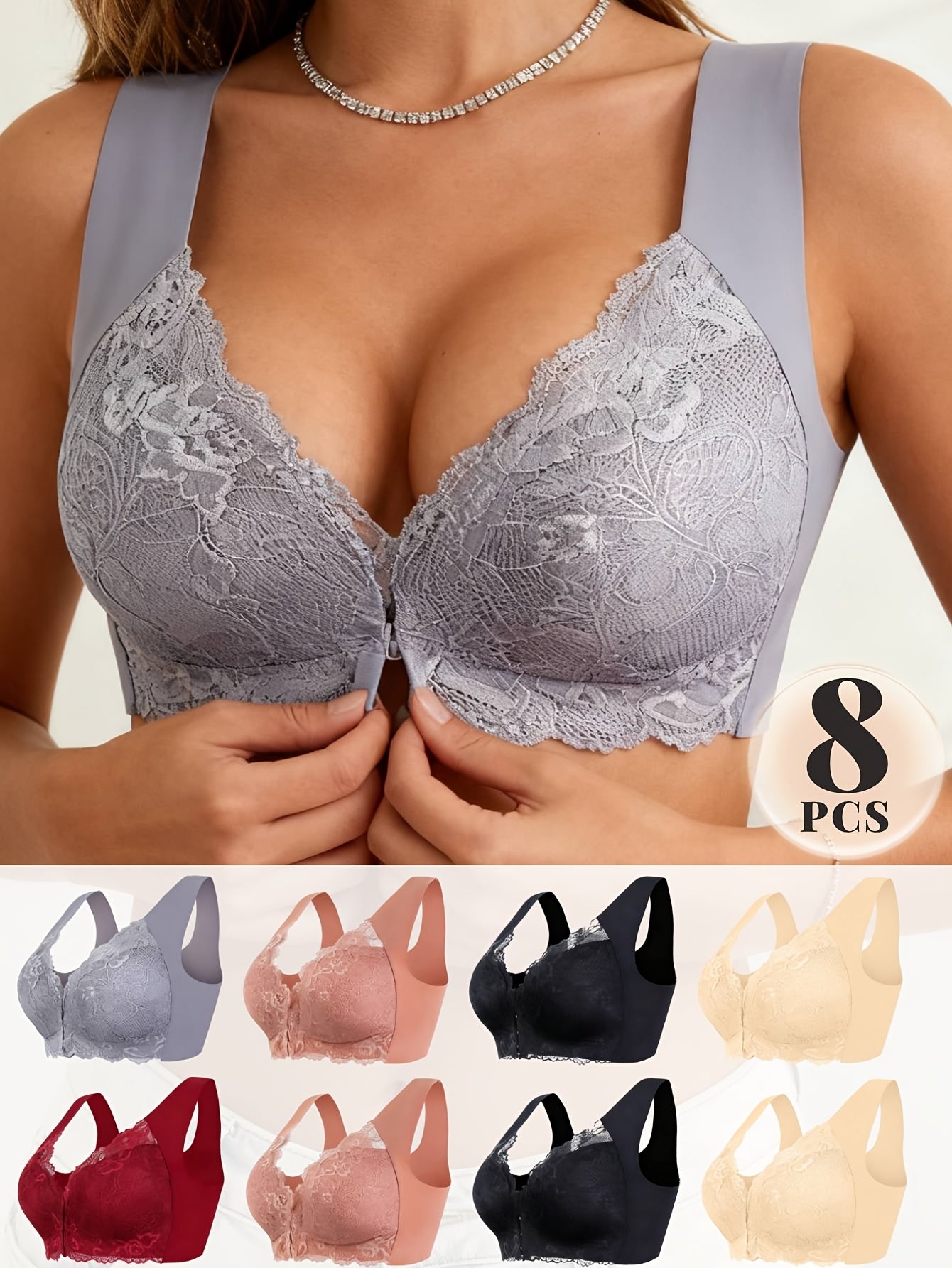 4pcs Elegant Floral Lace Push-Up Bra - Comfortable Wireless Design, Medium Support, Breathable Lining, Stylish Front Open Buckle, Wide Straps, And Jacquard Pattern - Perfect for Adult Women