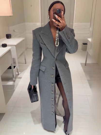 GlOURI Women'S Single-Breasted Maxi Coat - Women'S Outerwear - Grey Tailored Maxi Jacket With Pad Shoulder & Statement Buttons | Single-Breasted Designer Coat For Elegant Office & Formal Wear Warm Fall And Winter Coat
