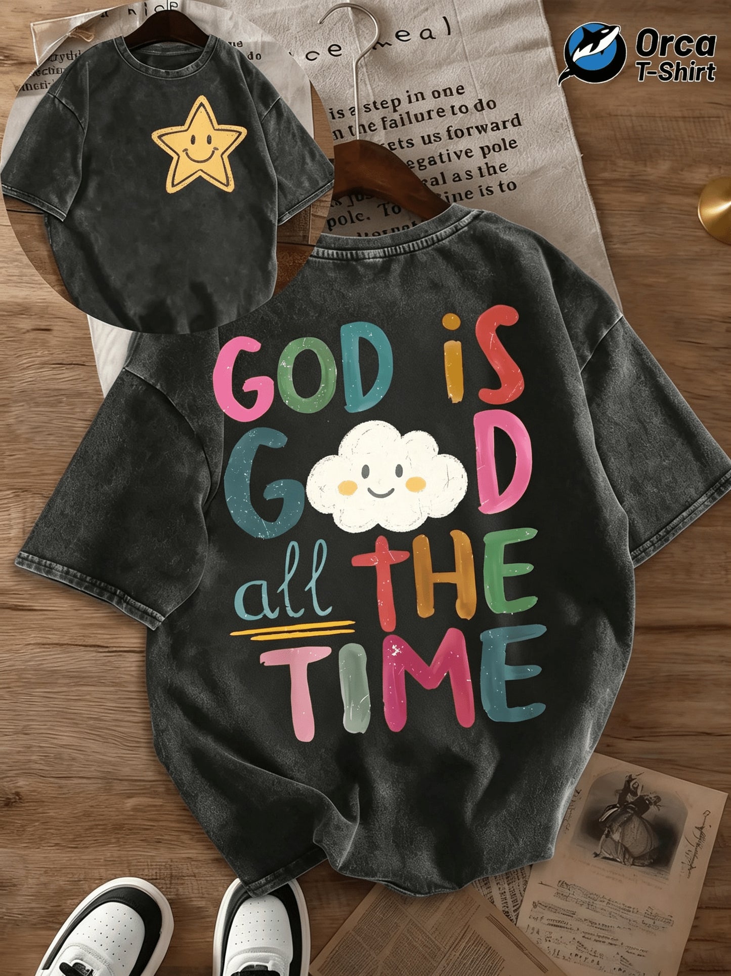 Color Letter Printed Joyful Face Pattern GOD IS GOOD ALL THE TIME Short-sleeved T-shirt Men's and Women's Loose Casual Trendy Tops, Old Washed Cotton Double-sided Casual Tops, Suitable for Holidays, Going Out, Home, Outdoor, Gift Giving and Other
