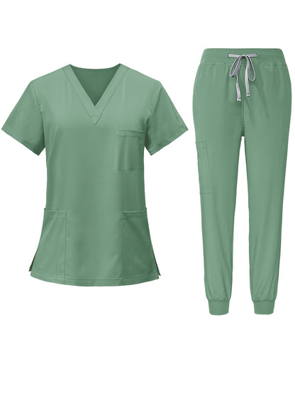 [2pcs Scrub Suit Set] Ships From The United States] 2pcs Set Scrub Suit Set for Women Modern V-neck Top T-shirt & Tapered Leg Jogger Pants with Drawstring Nursing Uniforms Set Suitable for Pet Hospitals, Dental Clinics, Nursing Work, Etc
