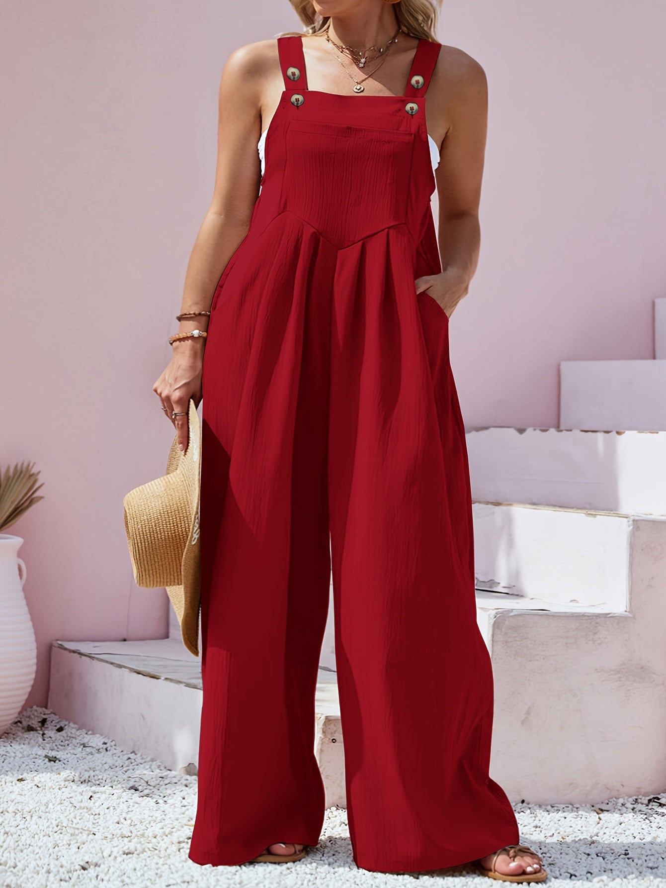 Plus Size - Plus Size - Curve Casual Women'S Spring And Summer Button Back Tie One-Piece Pants - Back Tie Button Design, Thin Thickness, Loose Fit - Spring And Summer Plus Size Women'S Vacation Jumpsuits