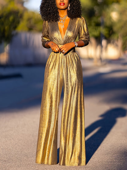 Women's Shiny Deep High Waist Wide- Jumpsuit - Elegant Three-Quarter Sleeve Bodysuit Suitable for Evening Weddings, Parties & Fall Outfits, Loose-Fit Trousers, Solid Color Full-Length Pants