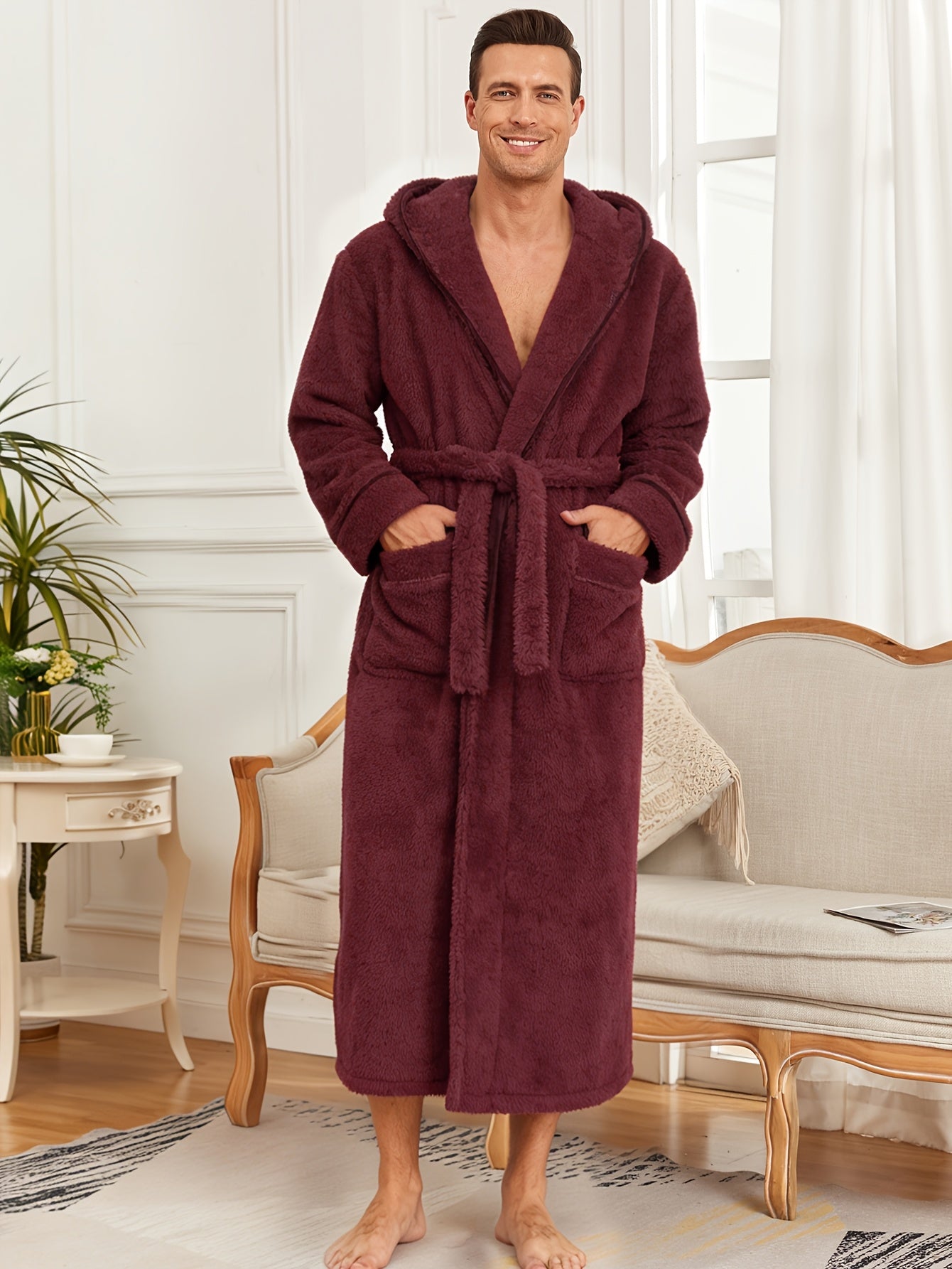 Men'S Thickened Flannel Hooded Bathrobe - Soft Plush Long Sleeve Robe with Pockets, Warm & Breathable Winterrobe for Home, Spa