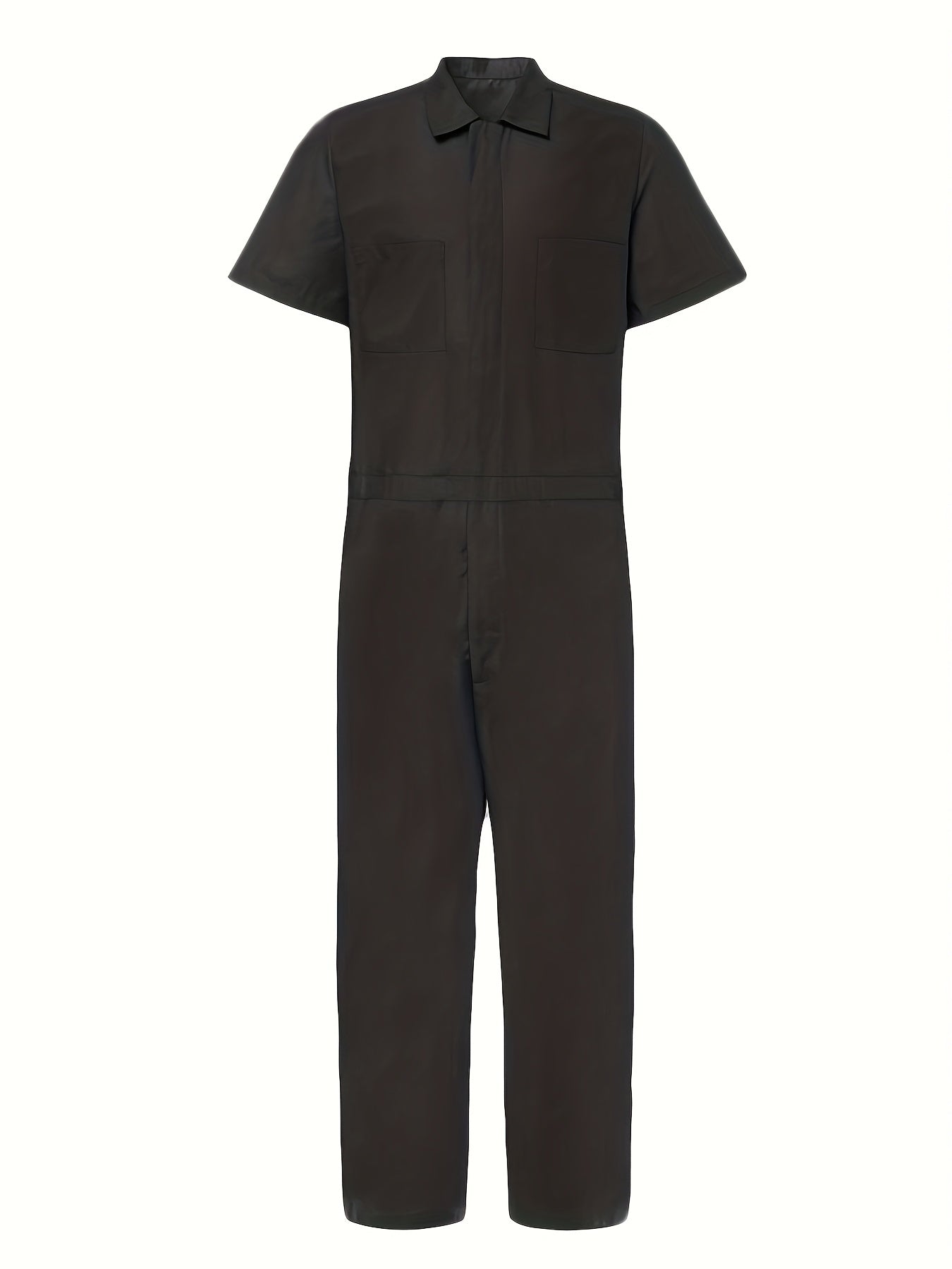 Men's Plus Size Short Sleeve Coverall Jumpsuit, Four-Way Stretch Fabric, Rolled Short Sleeves, Stand-Up Collar Half-Open Placket, Multi-Pocket Design, Industrial/Utility Style Casual Workwear, Effortlessly Shaping a Men's Casual and Trendy Look
